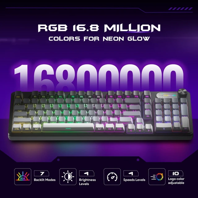 Alt view image 2 of 7 - FURYCUBE IP98 Tri-Mode Wireless RGB Keyboard with Number Pad and Knob | Tri-mode Bluetooth 5.0, 2.4 GHz and USB-C; 7 RGB modes; 10 logo colors; 4 brightness levels; 4000 mAh battery