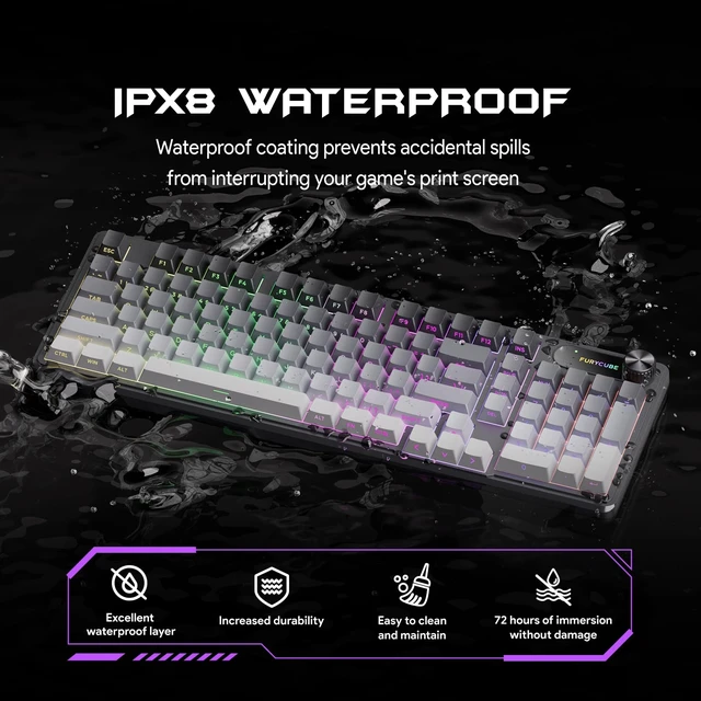 Alt view image 4 of 7 - FURYCUBE IP98 Tri-Mode Wireless RGB Keyboard with Number Pad and Knob | Tri-mode Bluetooth 5.0, 2.4 GHz and USB-C; 7 RGB modes; 10 logo colors; 4 brightness levels; 4000 mAh battery