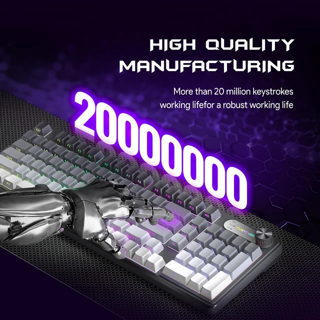 Alt view image 5 of 7 - FURYCUBE IP98 Tri-Mode Wireless RGB Keyboard with Number Pad and Knob | Tri-mode Bluetooth 5.0, 2.4 GHz and USB-C; 7 RGB modes; 10 logo colors; 4 brightness levels; 4000 mAh battery