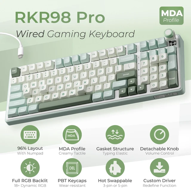 Alt view image 2 of 7 - R98 Pro Creamy Mechanical Keyboard, 96% Wired Gaming Keyboard RGB Backlit with Number Pad and Volume Knob, Gasket Mount, MDA Profile PBT Keycaps, Hot Swappable Pre-lubed Tactile Switch