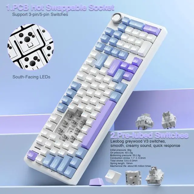 Alt view image 7 of 7 - F99 Pro Wireless Mechanical Keyboard with Knob,Creamy Sound,Tri-Mode BT5.0/USB-C/2.4GHz Hot Swappable Keyboard,Gasket Structure,RGB Backlit Computer Gaming Keyboards