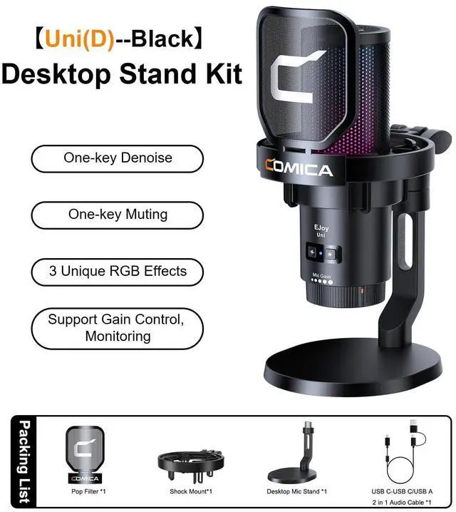 Alt view image 7 of 7 - Ejoy Uni(D) USB Gaming Microphone with Noise Cancellation, RGB Lights, Monitoring, Muting, Streaming Mic for Computer, PS5, PS4, Streaming, Podcast, Chat, Twitch, YouTube, Discord(Black)