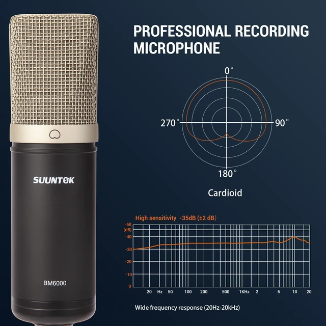 Alt view image 4 of 7 - SUUNTOK Condenser Microphone XLR, Large Diaphgram Professional Recording Cardioid Microphone Kit w/Shock Mount, for Studio, Live Streaming, Podcasting, Voice-Over, You-Tube (Black)