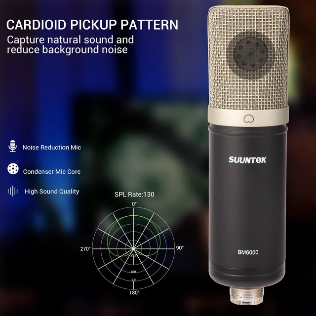 Alt view image 5 of 7 - SUUNTOK Condenser Microphone XLR, Large Diaphgram Professional Recording Cardioid Microphone Kit w/Shock Mount, for Studio, Live Streaming, Podcasting, Voice-Over, You-Tube (Black)