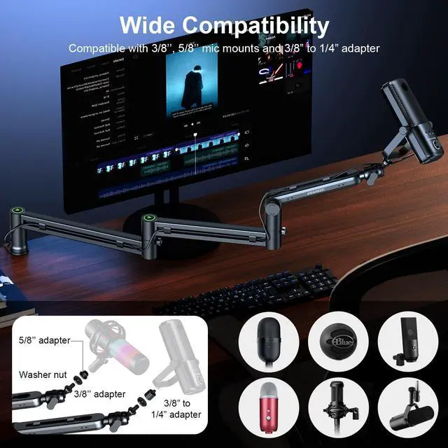 Alt view image 5 of 7 - Microphone Arm,Aokeo AK-58i Desk Low Profile Mic Boom Arm Stand,Suitable For Blue Yeti,Snowball iCE,HyperX QuadCast,SoloCast,Elgato Wave,Etc