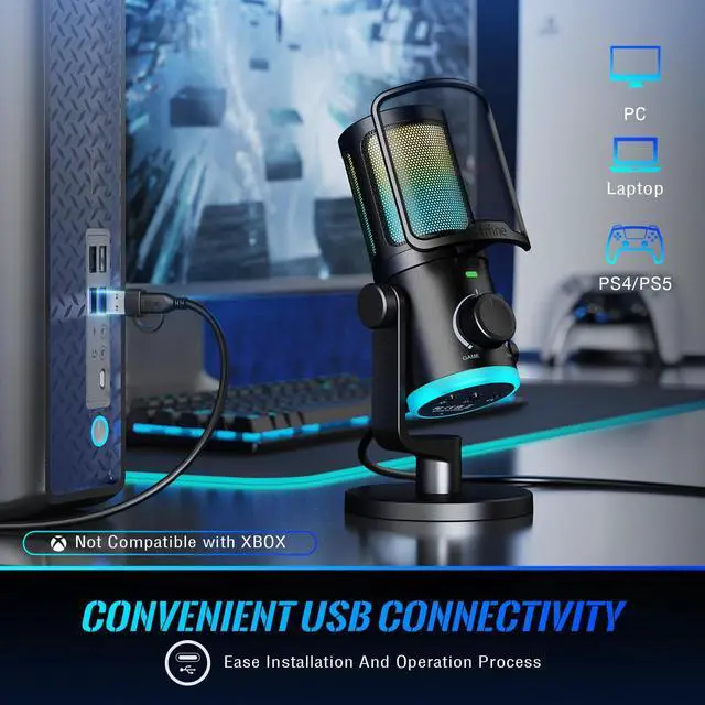 Alt view image 4 of 7 - Gaming PC Microphone, USB Streaming Microphone with Game Chat Balance, Computer Condenser Desktop RGB Mic with Mute Button, Noise Cancellation for Podcast/Twitch/Discord-AMPLIGAME AM6