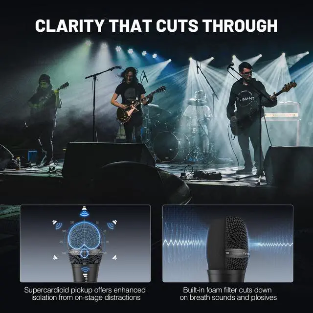 Alt view image 3 of 7 - Supercardioid Vocal Dynamic Microphone with XLR Cable PM-26 | Wired Handheld Mic, 16.4 ft Cable, Mic Clip, Storage Bag, Focused Voice Pickup, Stage Vocals, Studio Recording, Karaoke