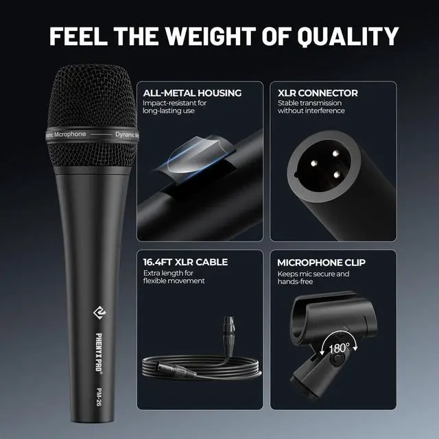 Alt view image 5 of 7 - Supercardioid Vocal Dynamic Microphone with XLR Cable PM-26 | Wired Handheld Mic, 16.4 ft Cable, Mic Clip, Storage Bag, Focused Voice Pickup, Stage Vocals, Studio Recording, Karaoke