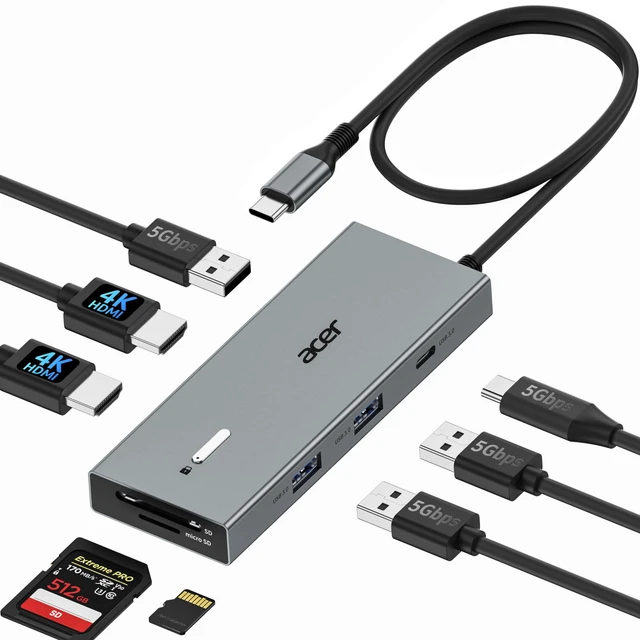 Main image of USB-C Docking Station Dual Monitor, 9-in-1 Laptop Dock with 2 HDMI | Laptop Docking Station with 4K@60Hz HDMI, USB A&C 3.0, SD/Micro SD, 100W PD Compatible with Acer/Dell XPS/HP/Mac (2FT)