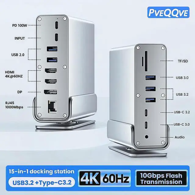 Alt view image 2 of 7 - 15-in-1 USB C Hub/Docking Station Dual Monitor 2 HDMI with Ethernet PD | 4k HD Triple Display (2x HDMI+1x DP), Gigabit Ethernet, 100W PD Charging, 20X Faster Transfer (10Gbps) with USB 3.2,TF/SD