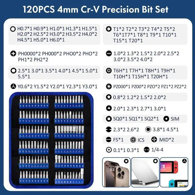 Alt view image 8 of 12 - 140-in-1 Precision Screwdriver Set for Electronics Repair with 120 Magnetic Cr-V Bits, Electronics Tool Kit for Macbook, iPhone, Laptop, PC, Game Console, Tablet