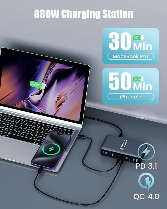 Alt view image 6 of 7 - 880W USB C Charger Block,10-Port USB C Charging Station GaN IV Travel Essentials Multiple Port Charging Station,140W Laptop Fast Charger Adapter for MacBook Pro/Air,DELL,iPad,iPhone,Samsung Galaxy