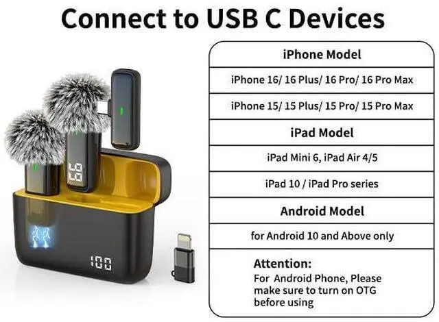 Alt view image 12 of 14 - Wireless Microphone for iPhone Android Lav Mic USB C Lavalier Microphone Type C Lapel Mic for iPhone 15/16 iPad Video Recording Vlog TikTok - 24H Charging Case Noise Reduction