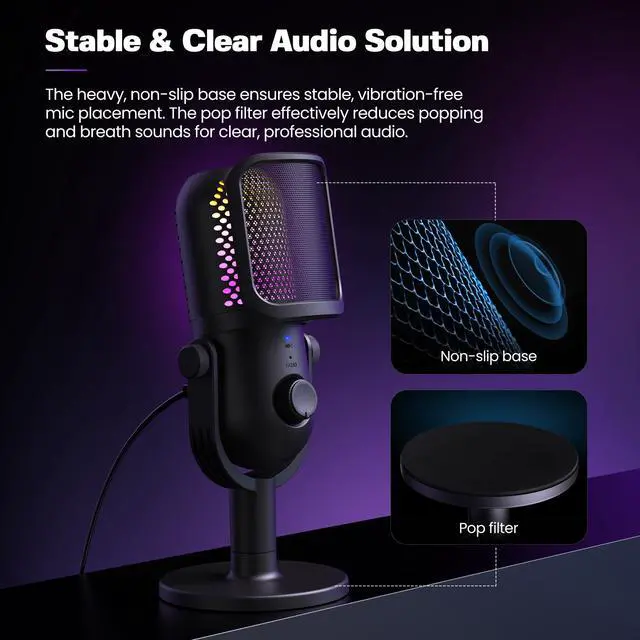 Alt view image 13 of 14 - USB Microphone for PC Gaming: Condenser Microphone RGB for Gamer with Stand Mic - Recording Mic for Computer&Laptop with Qiuck Mute - Desk Podcast Mic for Podcast & Singing & Streaming & Youtube Black