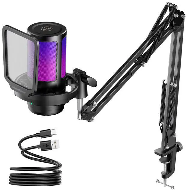 Alt view image 8 of 14 - Gaming USB Microphone, Noise Cancellation Condenser Mic with Mute, Gain, RGB Indicator, Boom Arm Stand for Streaming, Podcast, Twitch, YouTube, Discord, PC, Computer, PS4, PS5, Mac, Black