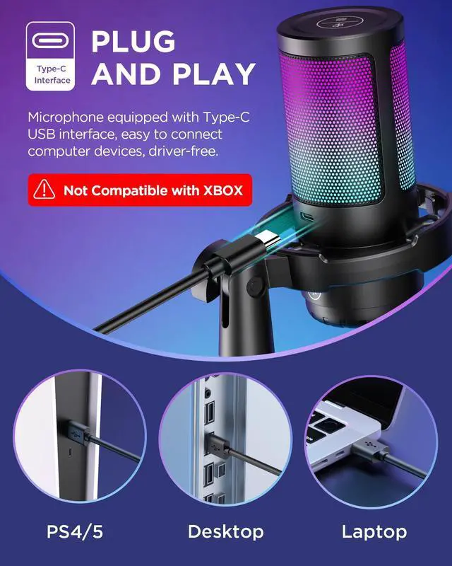 Alt view image 9 of 14 - Gaming USB Microphone, Noise Cancellation Condenser Mic with Mute, Gain, RGB Indicator, Boom Arm Stand for Streaming, Podcast, Twitch, YouTube, Discord, PC, Computer, PS4, PS5, Mac, Black
