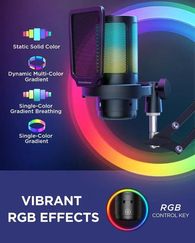 Alt view image 12 of 14 - Gaming USB Microphone, Noise Cancellation Condenser Mic with Mute, Gain, RGB Indicator, Boom Arm Stand for Streaming, Podcast, Twitch, YouTube, Discord, PC, Computer, PS4, PS5, Mac, Black