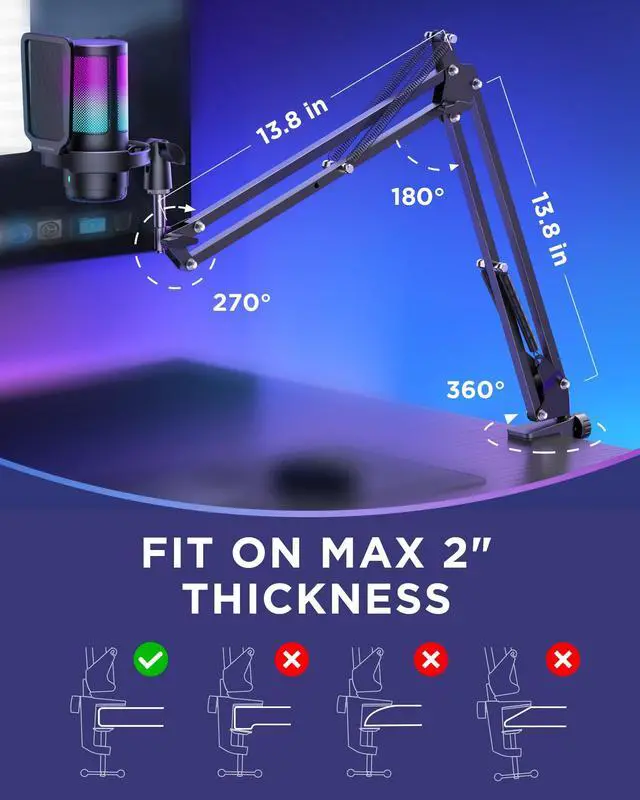 Alt view image 14 of 14 - Gaming USB Microphone, Noise Cancellation Condenser Mic with Mute, Gain, RGB Indicator, Boom Arm Stand for Streaming, Podcast, Twitch, YouTube, Discord, PC, Computer, PS4, PS5, Mac, Black