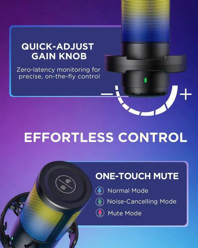 Alt view image 13 of 14 - Gaming USB Microphone, Noise Cancellation Condenser Mic with Mute, Gain, RGB Indicator, Boom Arm Stand for Streaming, Podcast, Twitch, YouTube, Discord, PC, Computer, PS4, PS5, Mac, Black