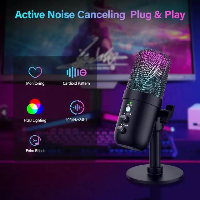 Alt view image 9 of 14 - USB Microphone, Computer Condenser Mic with Noise Cancellation, Echo Mode, RGB Lighting, Mute Button, Plug & Play Gaming Mic for PC, Mac, PS5, Streaming, Recording, Podcasting & Online Meetings