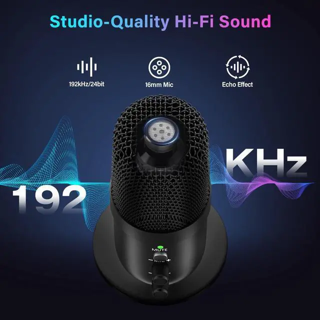 Alt view image 11 of 14 - USB Microphone, Computer Condenser Mic with Noise Cancellation, Echo Mode, RGB Lighting, Mute Button, Plug & Play Gaming Mic for PC, Mac, PS5, Streaming, Recording, Podcasting & Online Meetings