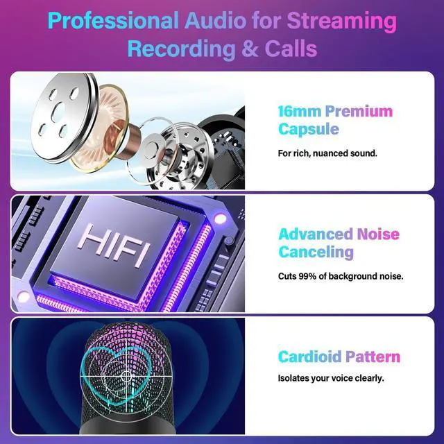 Alt view image 10 of 14 - USB Microphone, Computer Condenser Mic with Noise Cancellation, Echo Mode, RGB Lighting, Mute Button, Plug & Play Gaming Mic for PC, Mac, PS5, Streaming, Recording, Podcasting & Online Meetings