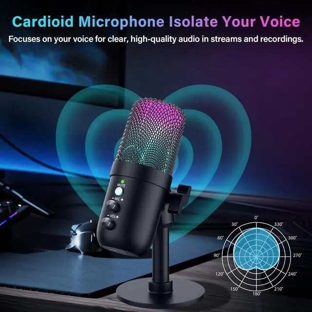 Alt view image 13 of 14 - USB Microphone, Computer Condenser Mic with Noise Cancellation, Echo Mode, RGB Lighting, Mute Button, Plug & Play Gaming Mic for PC, Mac, PS5, Streaming, Recording, Podcasting & Online Meetings