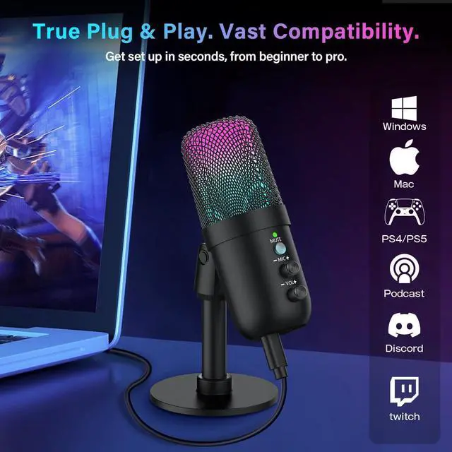 Alt view image 14 of 14 - USB Microphone, Computer Condenser Mic with Noise Cancellation, Echo Mode, RGB Lighting, Mute Button, Plug & Play Gaming Mic for PC, Mac, PS5, Streaming, Recording, Podcasting & Online Meetings
