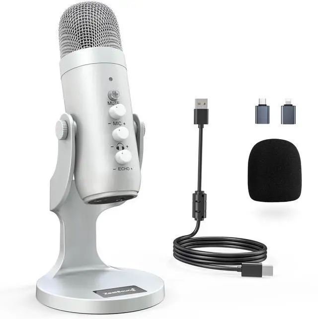 Alt view image 8 of 14 - USB Microphone,Condenser Computer PC Mic,Plug&Play Gaming Microphones for PS 4&5.Headphone Output&Volume Control,Mic Gain Control,Mute Button Vocal,YouTube Podcast on Mac&Windows(Silver)