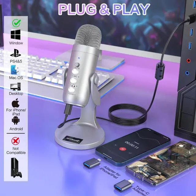 Alt view image 9 of 14 - USB Microphone,Condenser Computer PC Mic,Plug&Play Gaming Microphones for PS 4&5.Headphone Output&Volume Control,Mic Gain Control,Mute Button Vocal,YouTube Podcast on Mac&Windows(Silver)