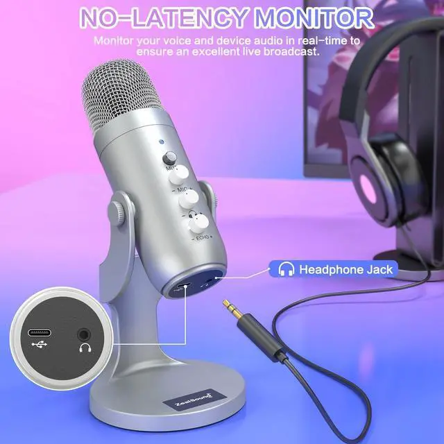 Alt view image 10 of 14 - USB Microphone,Condenser Computer PC Mic,Plug&Play Gaming Microphones for PS 4&5.Headphone Output&Volume Control,Mic Gain Control,Mute Button Vocal,YouTube Podcast on Mac&Windows(Silver)