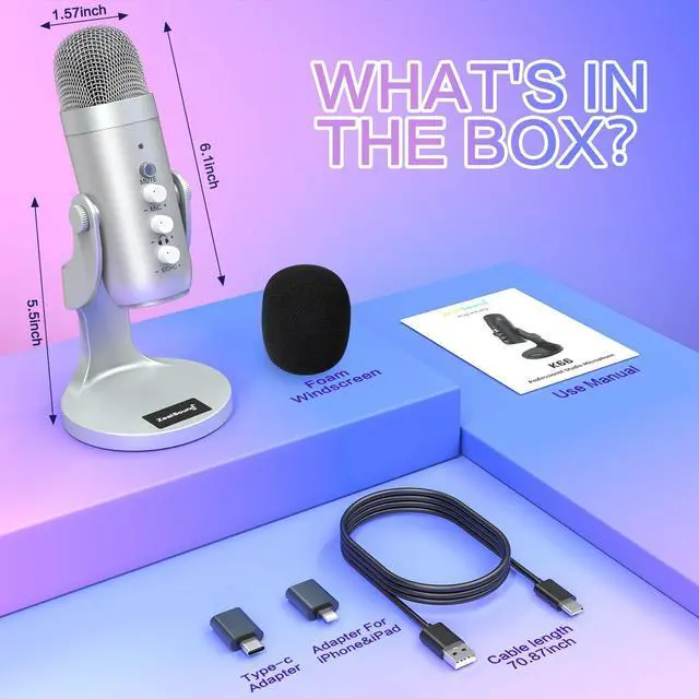 Alt view image 14 of 14 - USB Microphone,Condenser Computer PC Mic,Plug&Play Gaming Microphones for PS 4&5.Headphone Output&Volume Control,Mic Gain Control,Mute Button Vocal,YouTube Podcast on Mac&Windows(Silver)