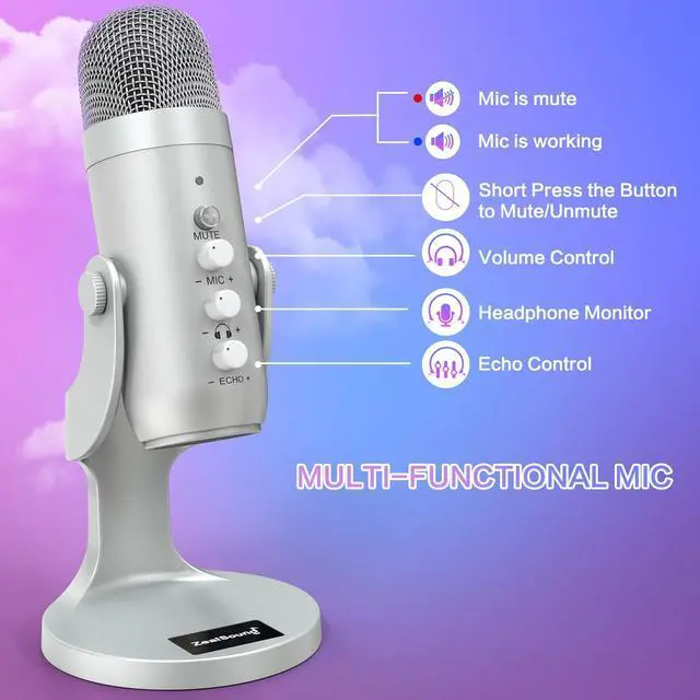Alt view image 13 of 14 - USB Microphone,Condenser Computer PC Mic,Plug&Play Gaming Microphones for PS 4&5.Headphone Output&Volume Control,Mic Gain Control,Mute Button Vocal,YouTube Podcast on Mac&Windows(Silver)