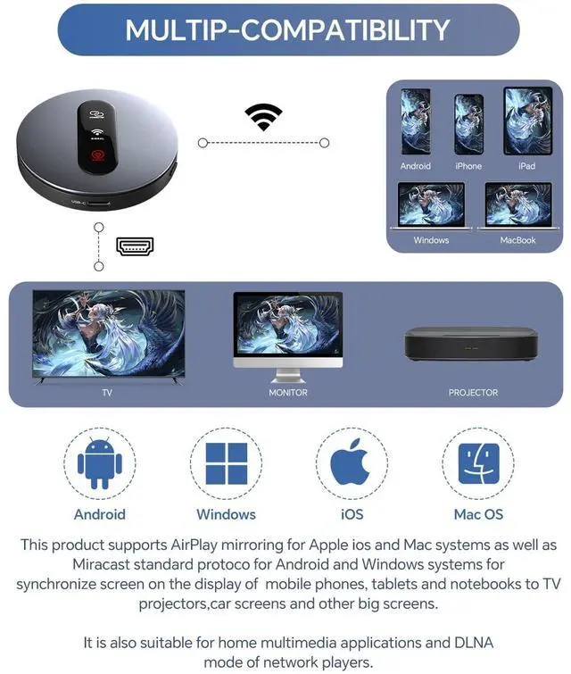 Alt view image 11 of 14 - Wireless HDMI Display Dongle Adapter - Miracast Dongle with AirPlay DLNA, for Video/Audio Streaming from Phone, Laptop to HDTV, Monitor, Projector