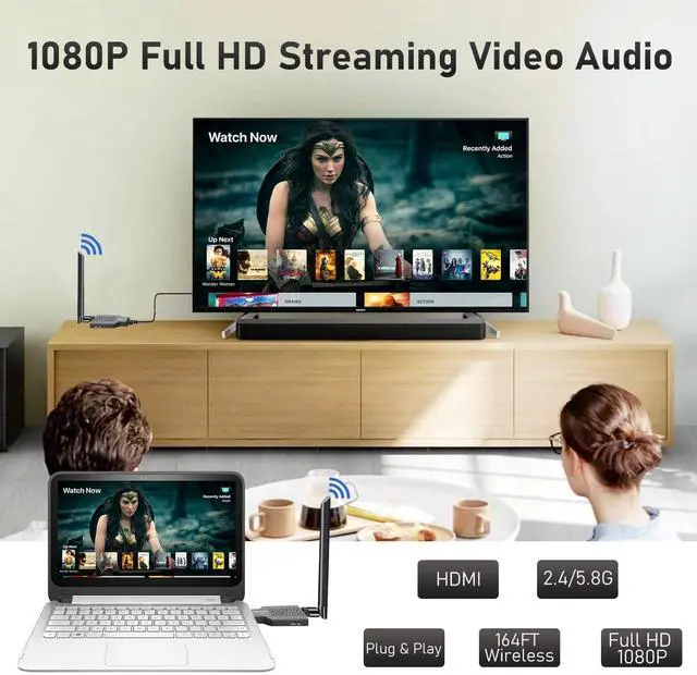 Alt view image 2 of 7 - Wireless HDMI Transmitter and Receiver 164ft/50m, 4K Decode 1080P Output, 2.4/5.8G Plug & Play Wireless HDMI Extender for Streaming Video and Audio to Monitor, for Laptop/TV Box/PC