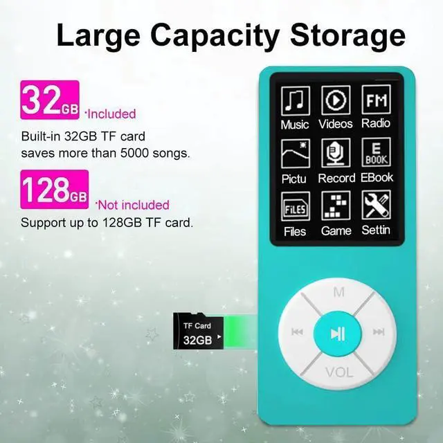 Alt view image 8 of 12 - MP3 Player with 32GB TF Card,Built-in HD Speaker,Portable HiFi Music Player with Video/Voice Recorder/FM Radio/Photo Viewer/E-Book Player for Kids (Sky Blue)