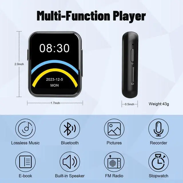 Alt view image 14 of 14 - 128GB MP3 Player with Bluetooth 5.3, Portable Digital Lossless Music Player with Built-in Speaker, 2.0 in Full Touch Screen, HiFi Sound, FM Radio, Voice Recorder, Earphones Included