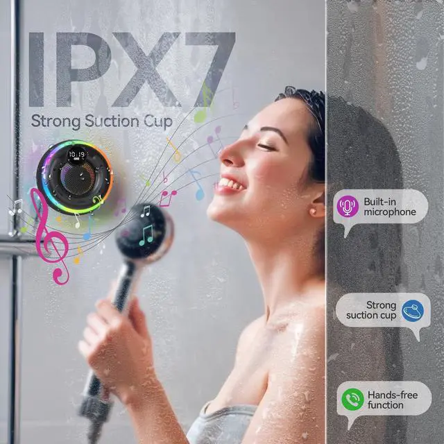 Alt view image 9 of 14 - Bluetooth Shower Speaker, IPX7 Waterproof Portable Wireless Speaker with RGB Light, BT 5.3, 10H Playtime, Built-in Mic, Suction Cup & TWS HD Stereo for Bath Beach Travel - Gift Ideas (Black)