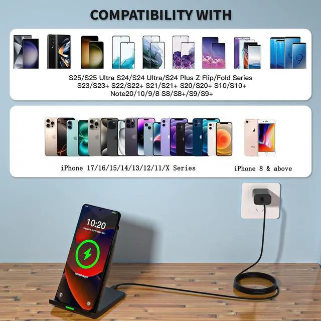 Alt view image 11 of 14 - Wireless Charger Station,15W Desk Wireless Charging Stand 20W USB C Adapter for Apple iPhone 17 Pro/17/17/Air/16 Pro/16E/16 Plus/15/14/13,Samsung Galaxy S25/S24/S23/S22/Z Flip Fold/Note 20,Google etc