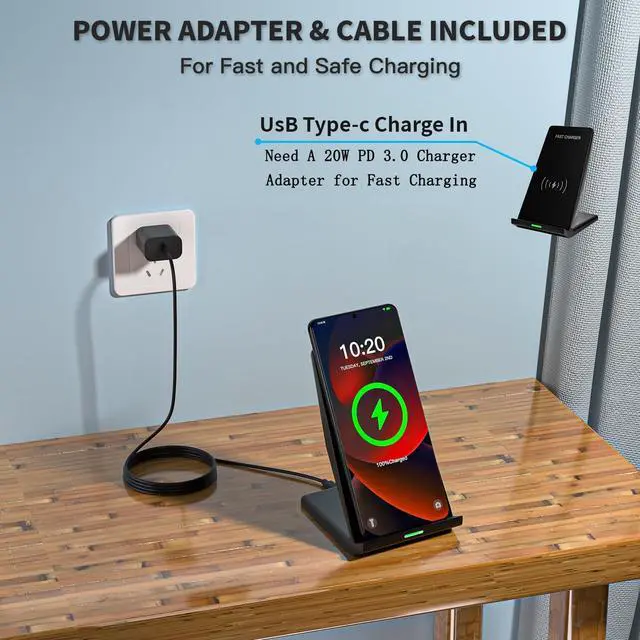 Alt view image 10 of 14 - Wireless Charger Station,15W Desk Wireless Charging Stand 20W USB C Adapter for Apple iPhone 17 Pro/17/17/Air/16 Pro/16E/16 Plus/15/14/13,Samsung Galaxy S25/S24/S23/S22/Z Flip Fold/Note 20,Google etc