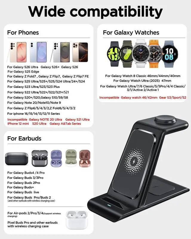 Alt view image 9 of 14 - Wireless Charging Station for Samsung Wireless Charger Galaxy S26 Ultra/S25/S24/S23/S22/Note20 Z Fold Flip7 Galaxy Watch 8/7/6/5/4/3 Active 2/1 Stand Galaxy Buds4/4 Pro/3/2 Pro/Live Multiple Devices