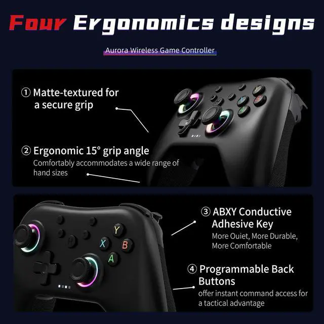 Alt view image 13 of 14 - II 2.4G Wireless Bluetooth Controller for PC/Android/Switch/iOS/Switch 2/Steam Deck with Rotary Motors, RGB Hall Effect Joysticks - Upgraded PC Gaming Controller and Back Buttons Lock