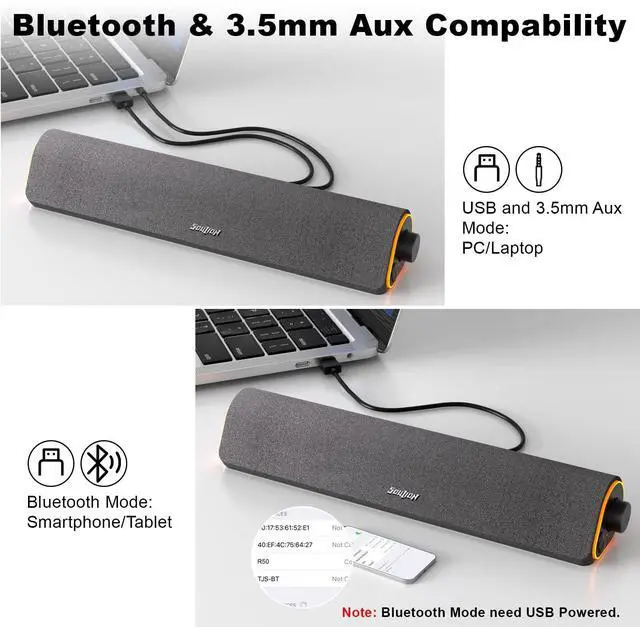 Alt view image 11 of 14 - R50 Bluetooth Computer Speakers, 3.5mm PC Sound Bar for Desktop Monitor, Wired USB Powered & Colorful LED Lights with Switch Button, Surround Sound Soundbar PC Spearkers for Computer