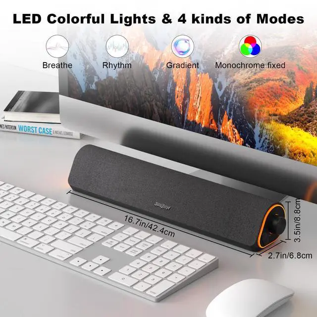 Alt view image 12 of 14 - R50 Bluetooth Computer Speakers, 3.5mm PC Sound Bar for Desktop Monitor, Wired USB Powered & Colorful LED Lights with Switch Button, Surround Sound Soundbar PC Spearkers for Computer