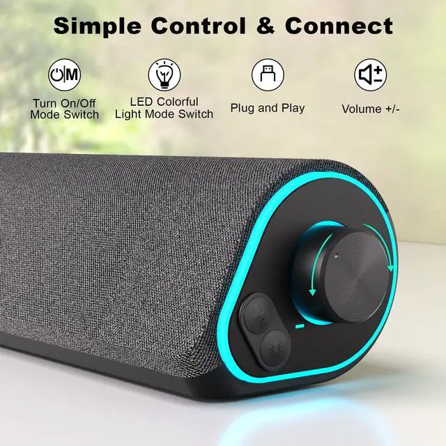 Alt view image 10 of 14 - R50 Bluetooth Computer Speakers, 3.5mm PC Sound Bar for Desktop Monitor, Wired USB Powered & Colorful LED Lights with Switch Button, Surround Sound Soundbar PC Spearkers for Computer