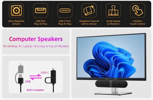 Alt view image 9 of 14 - Computer Speakers for Desktop PC Monitor, USB Plug-in, Wired, Computer Soundbar for PC, Laptop Speakers with Adaptive-Channel-Switching, Loud Sound, Deep Bass, USB C Adapter, Easy to Clip on Monitor