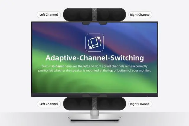 Alt view image 12 of 14 - Computer Speakers for Desktop PC Monitor, USB Plug-in, Wired, Computer Soundbar for PC, Laptop Speakers with Adaptive-Channel-Switching, Loud Sound, Deep Bass, USB C Adapter, Easy to Clip on Monitor