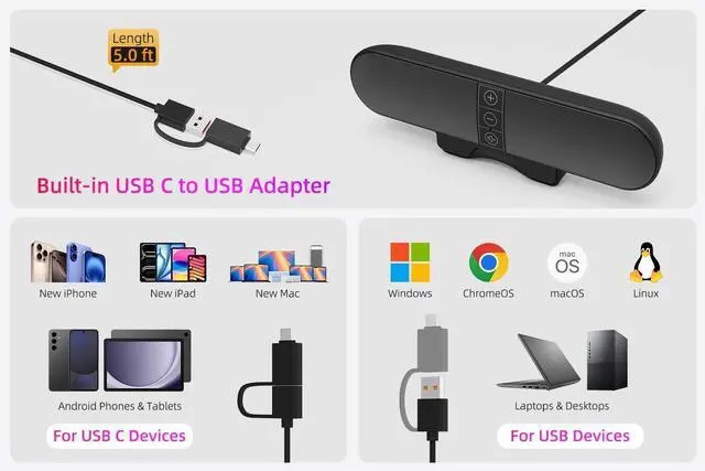 Alt view image 10 of 14 - Computer Speakers for Desktop PC Monitor, USB Plug-in, Wired, Computer Soundbar for PC, Laptop Speakers with Adaptive-Channel-Switching, Loud Sound, Deep Bass, USB C Adapter, Easy to Clip on Monitor