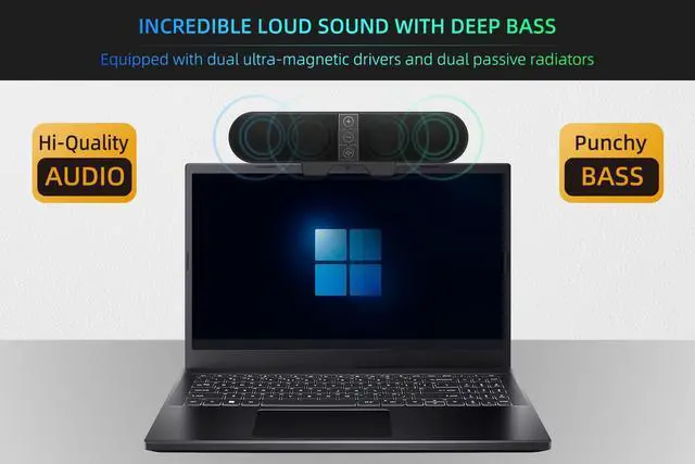 Alt view image 11 of 14 - Computer Speakers for Desktop PC Monitor, USB Plug-in, Wired, Computer Soundbar for PC, Laptop Speakers with Adaptive-Channel-Switching, Loud Sound, Deep Bass, USB C Adapter, Easy to Clip on Monitor