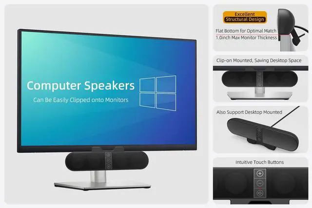 Alt view image 13 of 14 - Computer Speakers for Desktop PC Monitor, USB Plug-in, Wired, Computer Soundbar for PC, Laptop Speakers with Adaptive-Channel-Switching, Loud Sound, Deep Bass, USB C Adapter, Easy to Clip on Monitor